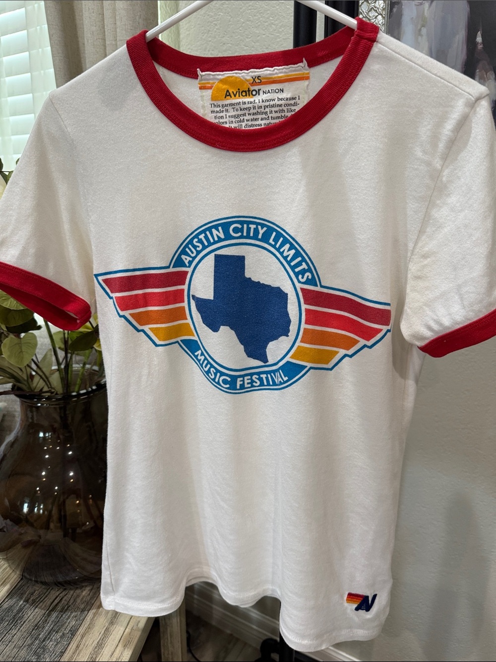 Aviator Nation Austin White Tee with Red Trim and Multicolor Logo